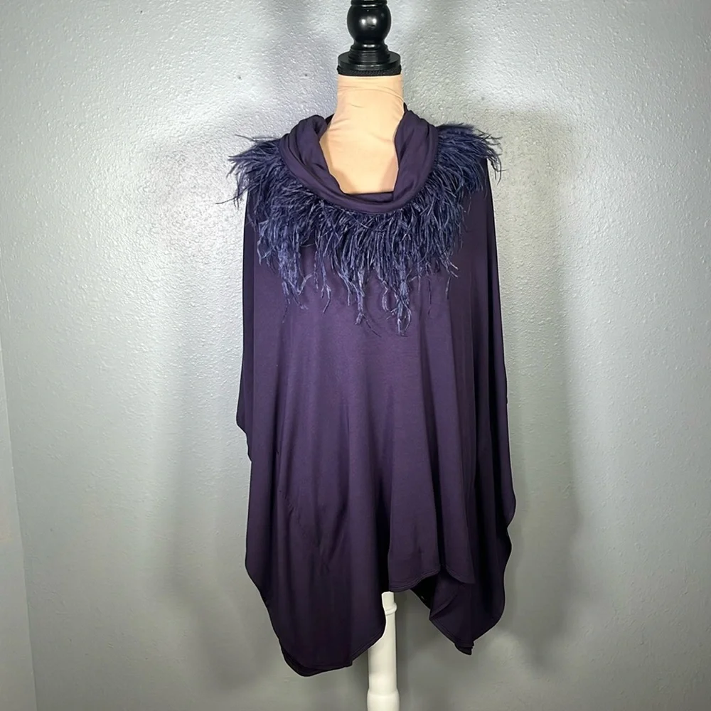 Chicos purple feather trim cowl neck fancy feathers poncho sz L/XL